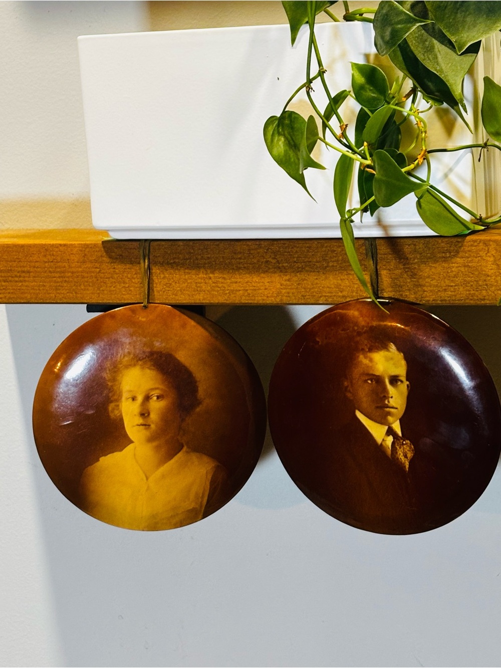 Antique Celluloid Portrait Medallions - Set of 2 Sepia Wall Hanging Photos